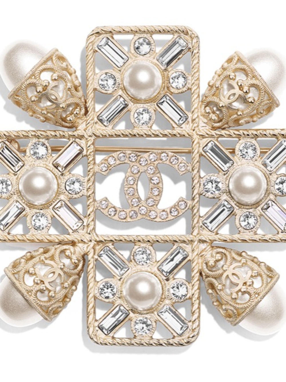 CHANEL Gold and Pearl Crystal CC Cross Brooch